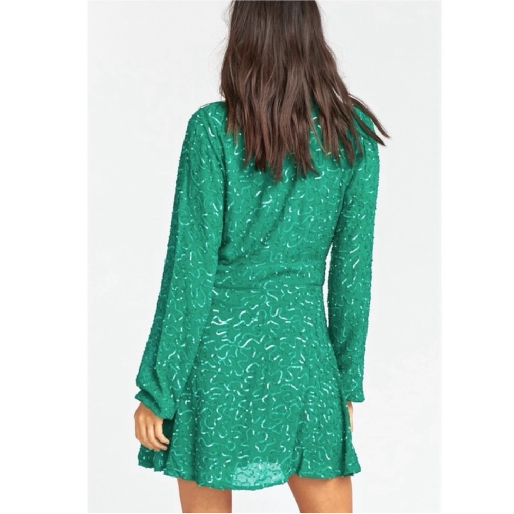 Show Me Your MuMu Phyllis Emerald Beaded Sequins Wrap Mini Dress - Picture 4 of 12